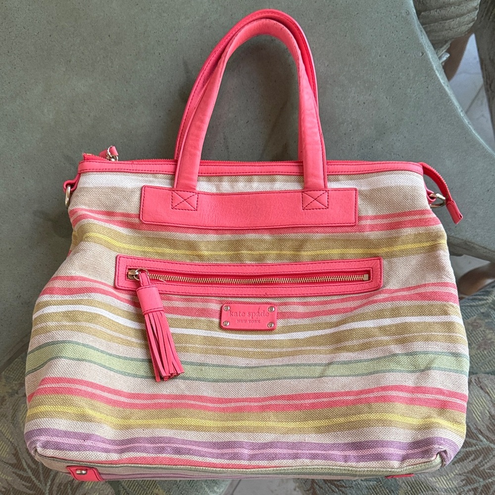 Kate Spade Gorgeous Coral Trim Multicolor Pastel Stripe Tote ✨